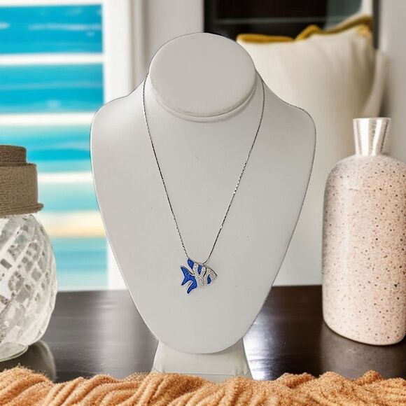 Tropical Fish Angelfish Pendant Necklace Pave Crystal Blue Clear Silver Tone - Picture 13 of 16